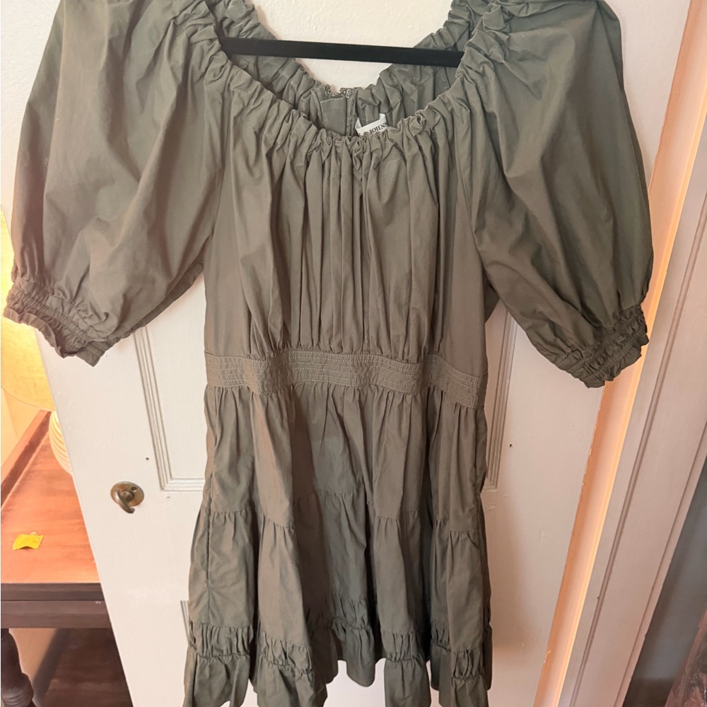 Ulla Johnson Olive Green Puff-Sleeve Mini Dress